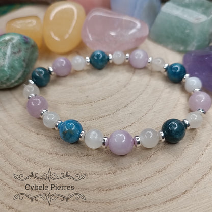 Bracelet Radieux - Pierre de lune blanche, Apatite bleue et Kunzite (6 et 8mm) -18cm