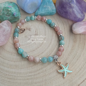 Bracelet Summer vert - Amazonite et  Pierre de Soleil (6mm) - 18cm