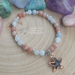 Bracelet Summer Noir - Aigue-marine et Pierre de Soleil (6mm)- 18cm