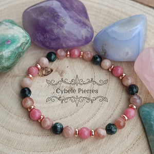Vérité suprême - Bracelet Séraphinite, Pierre de soleil et Thulite  (6mm) - 17cm