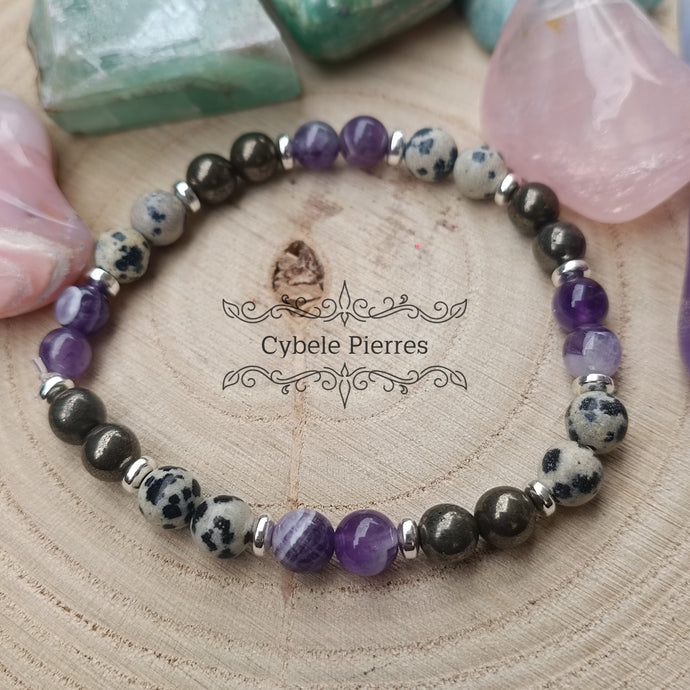 Bracelet Paix Intemporelle -Jaspe Dalmatien, pyrite & Améthyste  (6mm) - 17cm