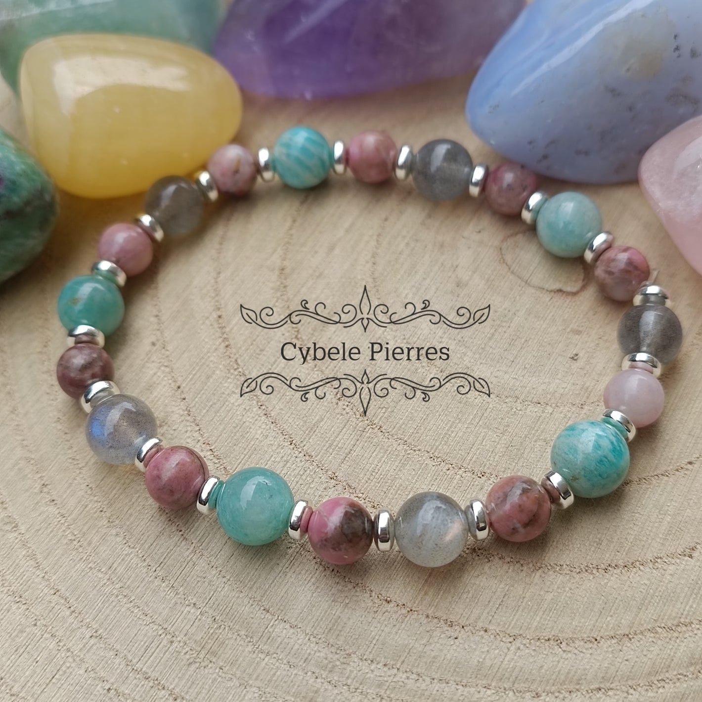 Bracelet  Renouveau - Amazonite, Labradorite et Rhodonite (6 et 8mm) - 18cm