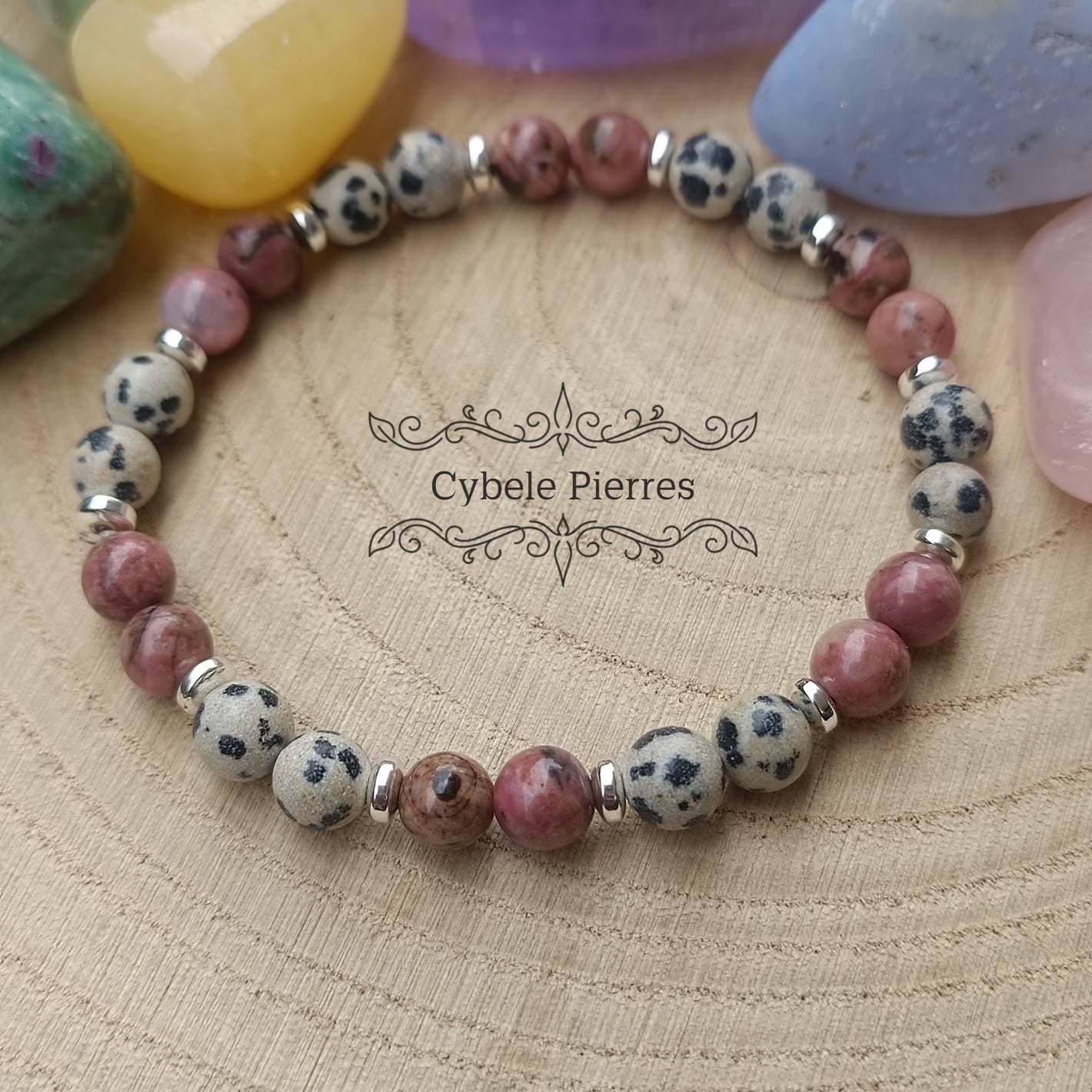 Bracelet Tendres souvenirs - Rhodonite et Jaspe Dalmatien (6mm) - 18cm