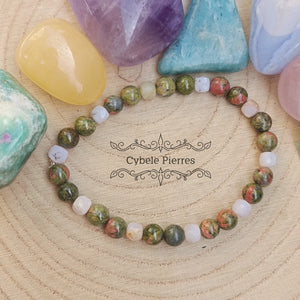 Bracelet Idylle - Opale rose carré facettée et Unakite (6mm)- 17cm
