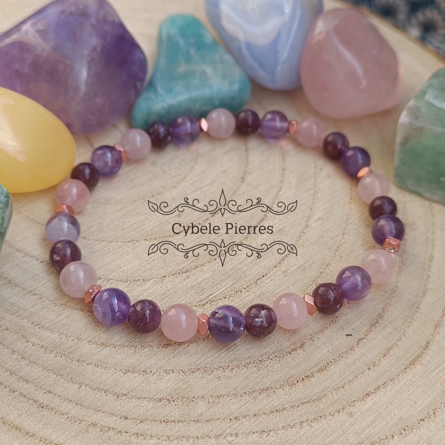 Bracelet Douce Nuit - Améthyste, Quartz rose et Lépidolite (6mm)- 17cm