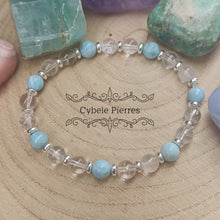 Charger l&#39;image dans la galerie, Bracelet Mer des Caraïbes- Larimar et Cristal de roche (6mm) - 17cm