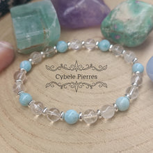 Charger l&#39;image dans la galerie, Bracelet Mer des Caraïbes- Larimar et Cristal de roche (6mm) - 16cm ou 18cm