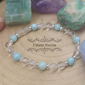 Bracelet Mer des Caraïbes- Larimar et Cristal de roche (6mm) - 16cm ou 18cm