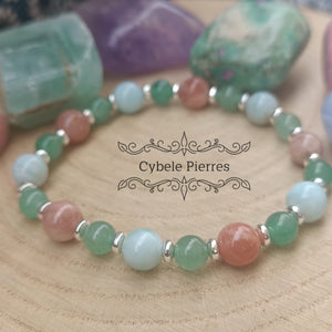 Bracelet Calme serein- Aventurine verte, Larimar et Pierre de Soleil (6 et 8mm ) - 19cm