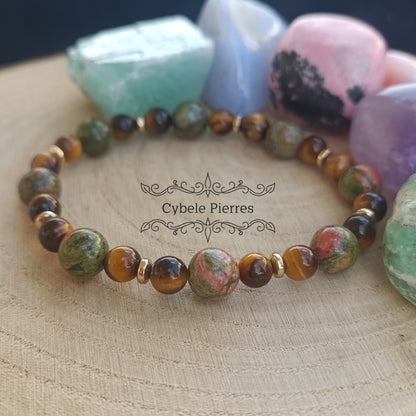 Bracelet Caprice - Unakite  et Oeil de tigre (6 et 8mm) - 18cm