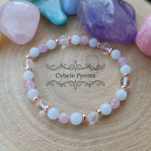 Charger l&#39;image dans la galerie, Bracelet Rosée du matin - Cristal de Roche, Aigue-marine &amp; Kunzite (6mm) - 17cm