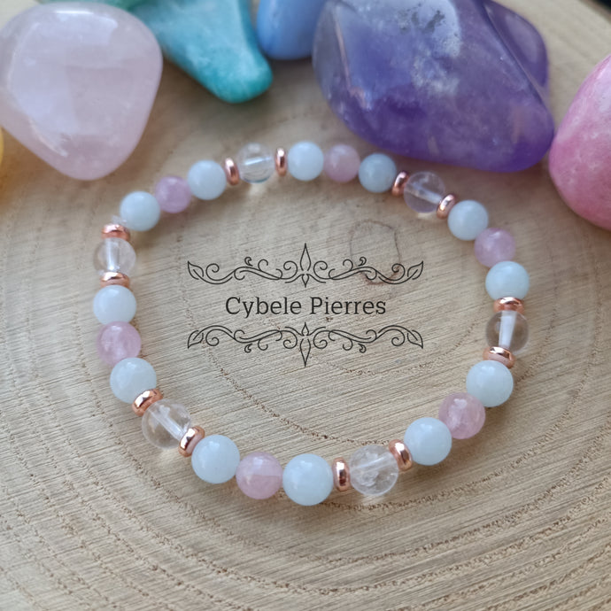 Bracelet Rosée du matin - Cristal de Roche, Aigue-marine & Kunzite (6mm) - 17cm