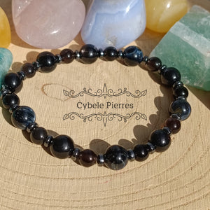 Bracelet Protection psychique : Hyperstène, Oeil de Faucon et Obsidienne argentée - 18cm (8mm et 6mm)