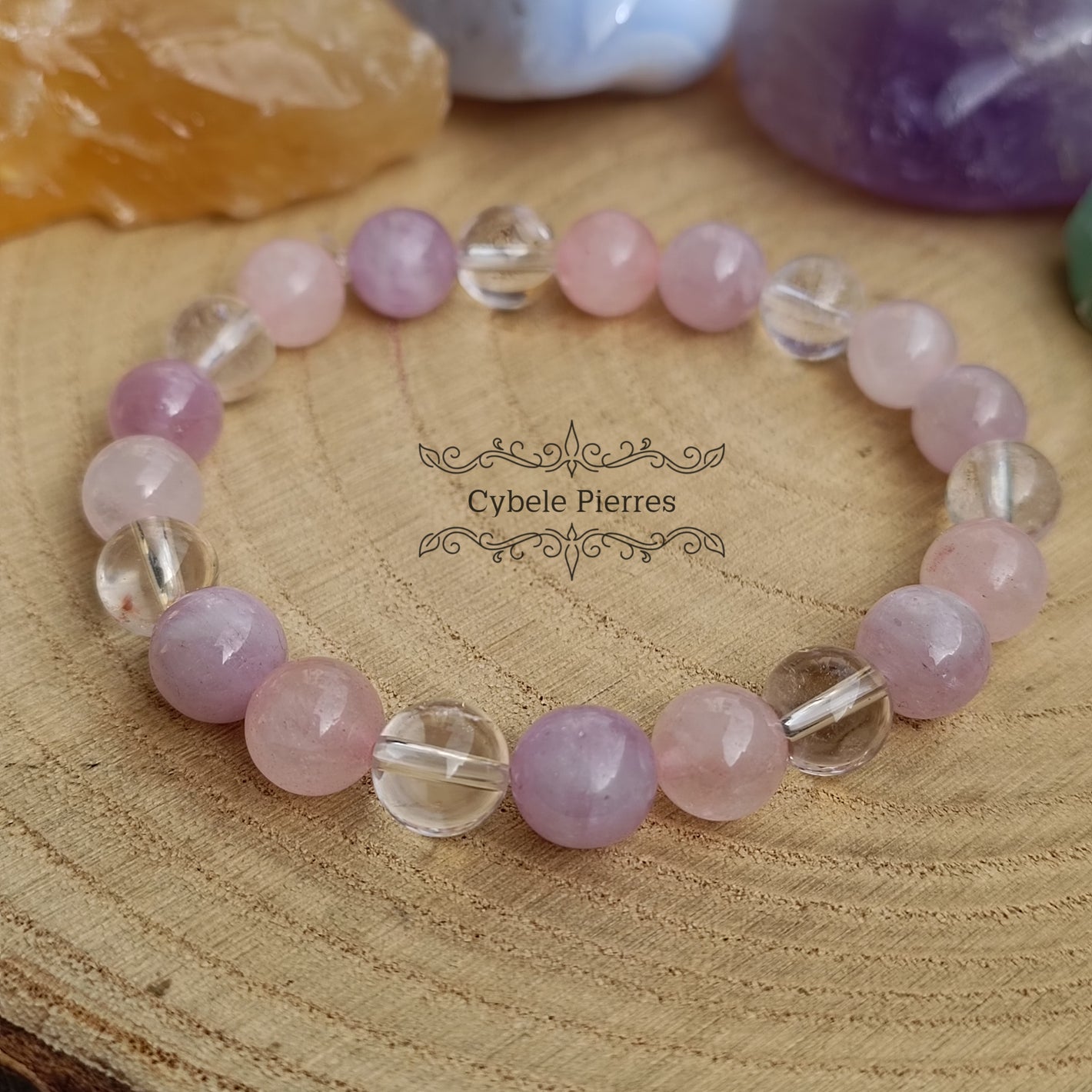 Bracelet Rosée matinale- Quartz Rose, Kunzite et Cristal de Roche (8mm) - 18cm