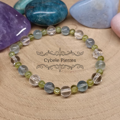 Bracelet Déconnexion : Cristal de roche, Péridot et Fluorine bleue (4mm et 6mm) - 18cm