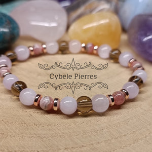 Bracelet Contrôle - Kunzite, Rhodochrosite et Quartz fumé (5 et 6mm) - 17cm