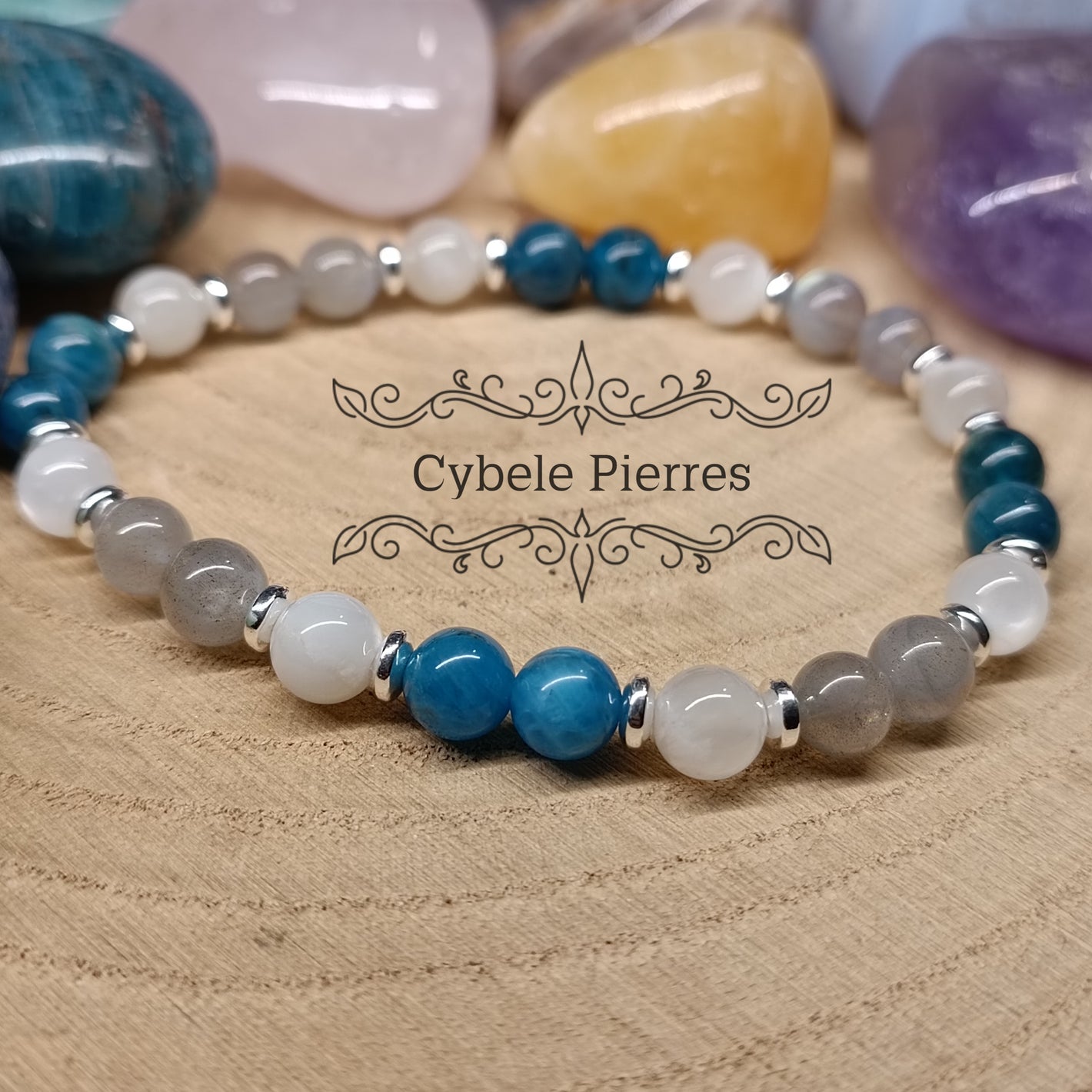 Bracelet Communication et Intuition - Apatite bleue, Pierre de lune et Labradorite (6mm) - 18cm