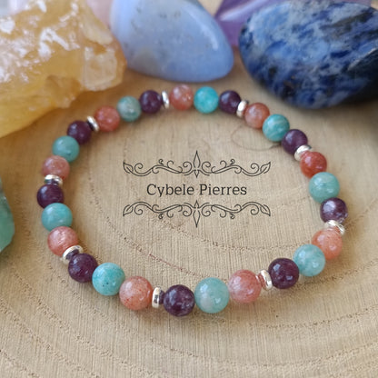 Bracelet Bonne nuit - Amazonite, Pierre de Soleil et Lépidolite (6mm) - 18cm