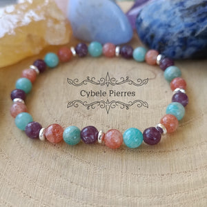 Bracelet Bonne nuit - Amazonite, Pierre de Soleil et Lépidolite (6mm) - 18cm