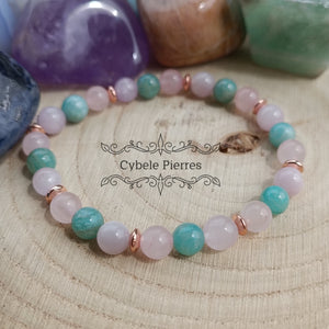 Bracelet Souffle nouveau -Quartz rose, Kunzite et Amazonite (6mm) - 18cm