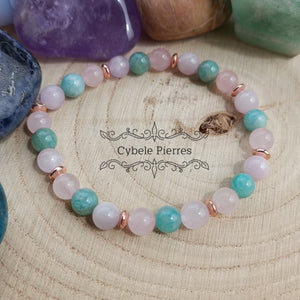 Bracelet Souffle nouveau -Quartz rose, Kunzite et Amazonite (6mm) - 18cm