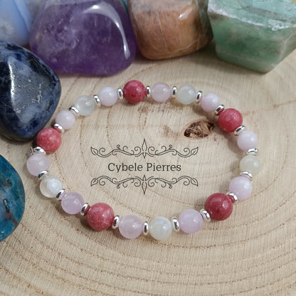 Bracelet Lady - Thulite, Kunzite et Pierre de lune blanche (6 et 8mm) - 18cm