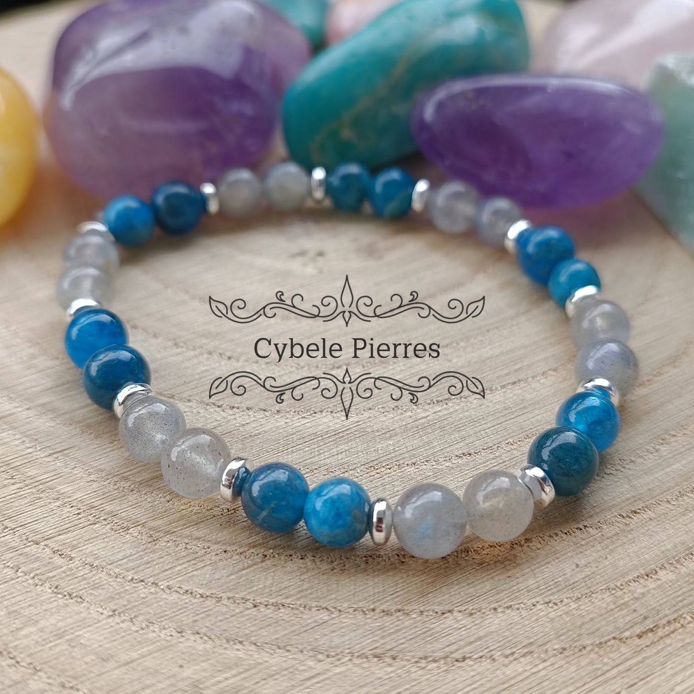 Bracelet Apatite bleue et Labradorite (6mm) - 18cm