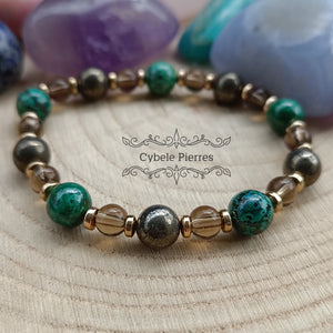 Bracelet Force de la Nature- Chrysocolle, Quartz fumé et Pyrite (6 et 8mm) - 18cm