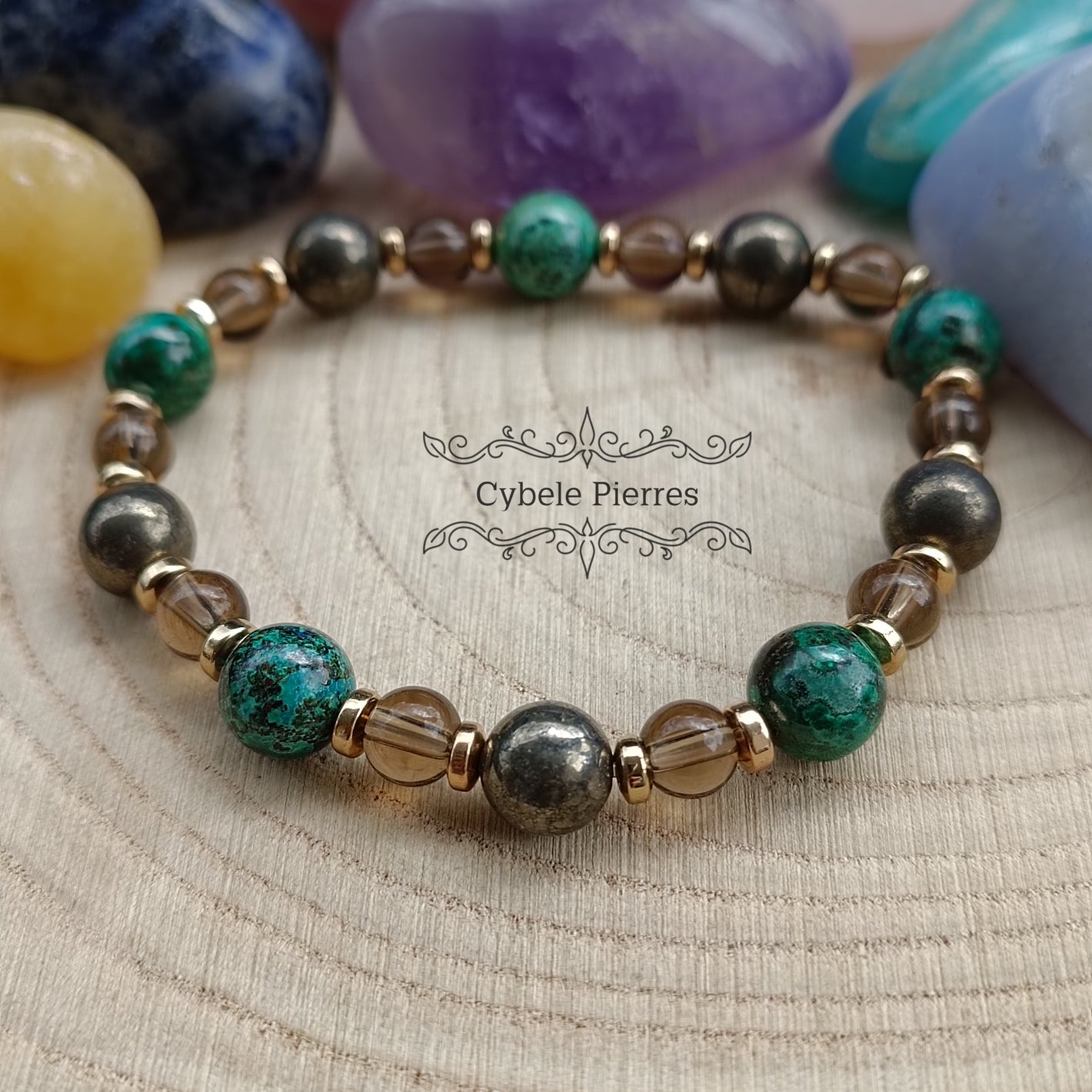 Bracelet Force de la Nature- Chrysocolle, Quartz fumé et Pyrite (6 et 8mm) - 18cm