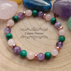 Bracelet Emotions et Décision- Améthyste, Quartz rose et Malachite (8mm)- 19cm