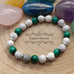 Bracelet Expression émotionnelle : Malachite et Howlite (8mm) - 18cm