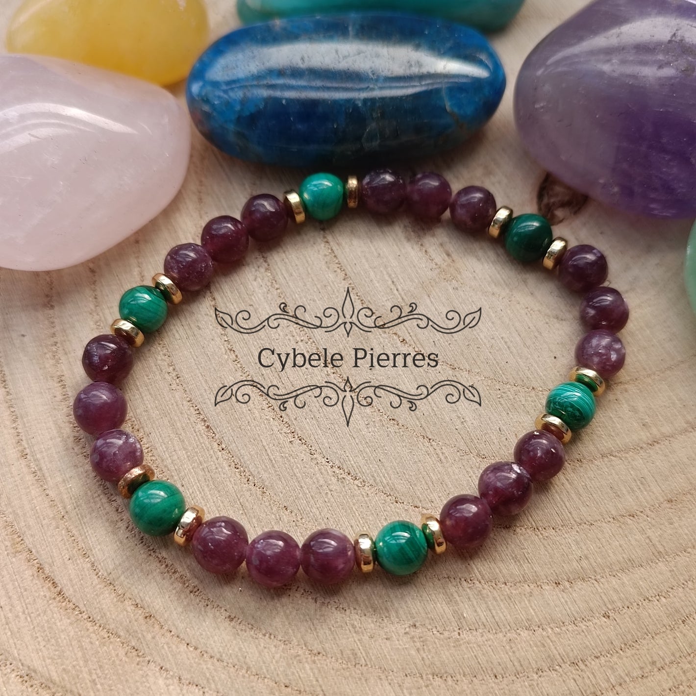 Bracelet Bonté infinie - Malachite et Lépidolite (6mm) - 17cm