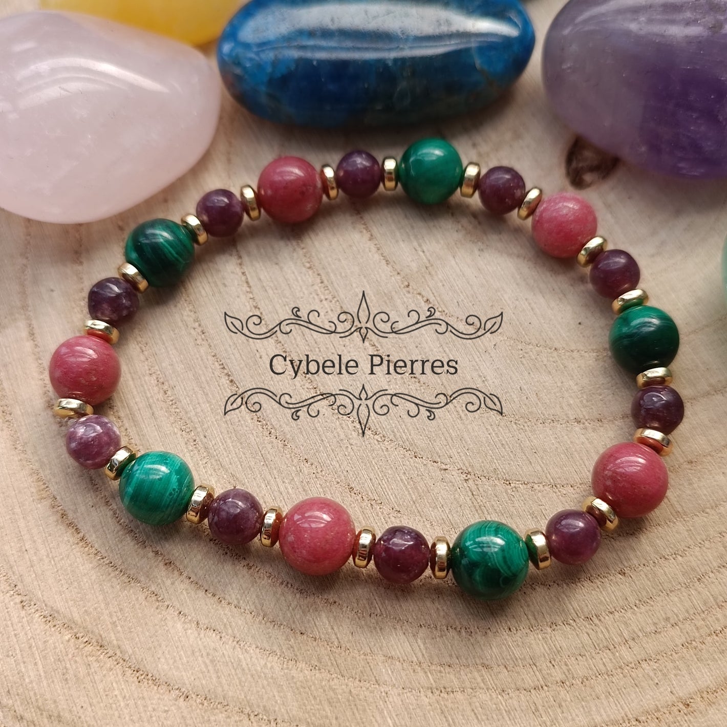 Bracelet Changement - Malachite,  Lépidolite et Thulite (6 et 8mm) - 18cm