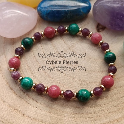 Bracelet Changement - Malachite,  Lépidolite et Thulite (6 et 8mm) - 18cm