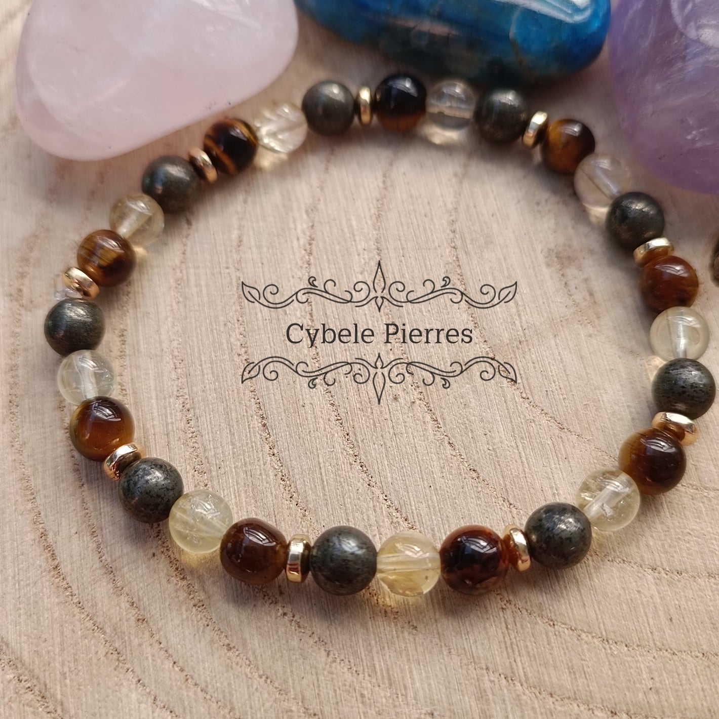 Bracelet Chance - Oeil de tigre, Citrine et Pyrite (6mm) - 18cm