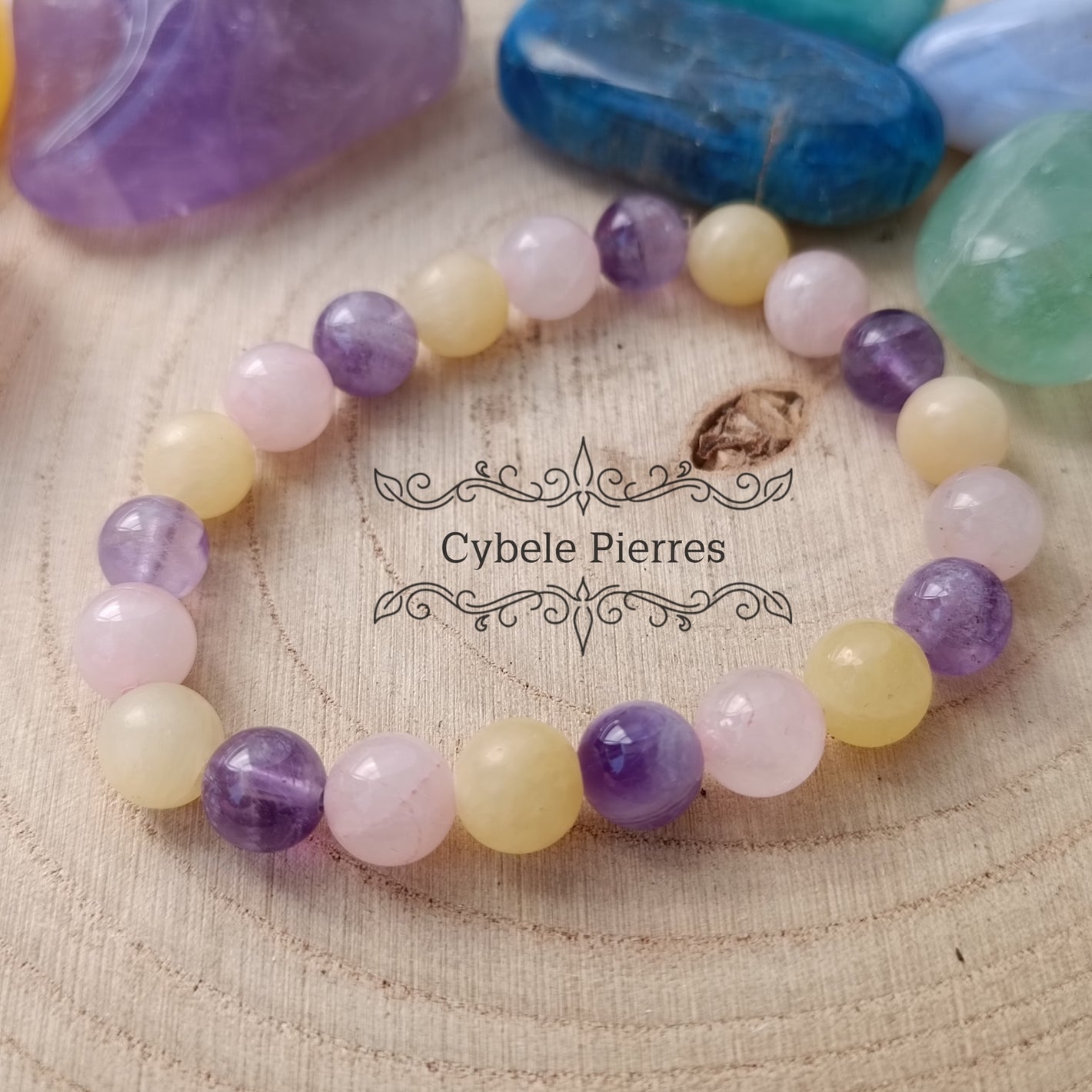 Bracelet Optimisme -Calcite orange, Améthyste et Quartz rose (8mm) - 16cm