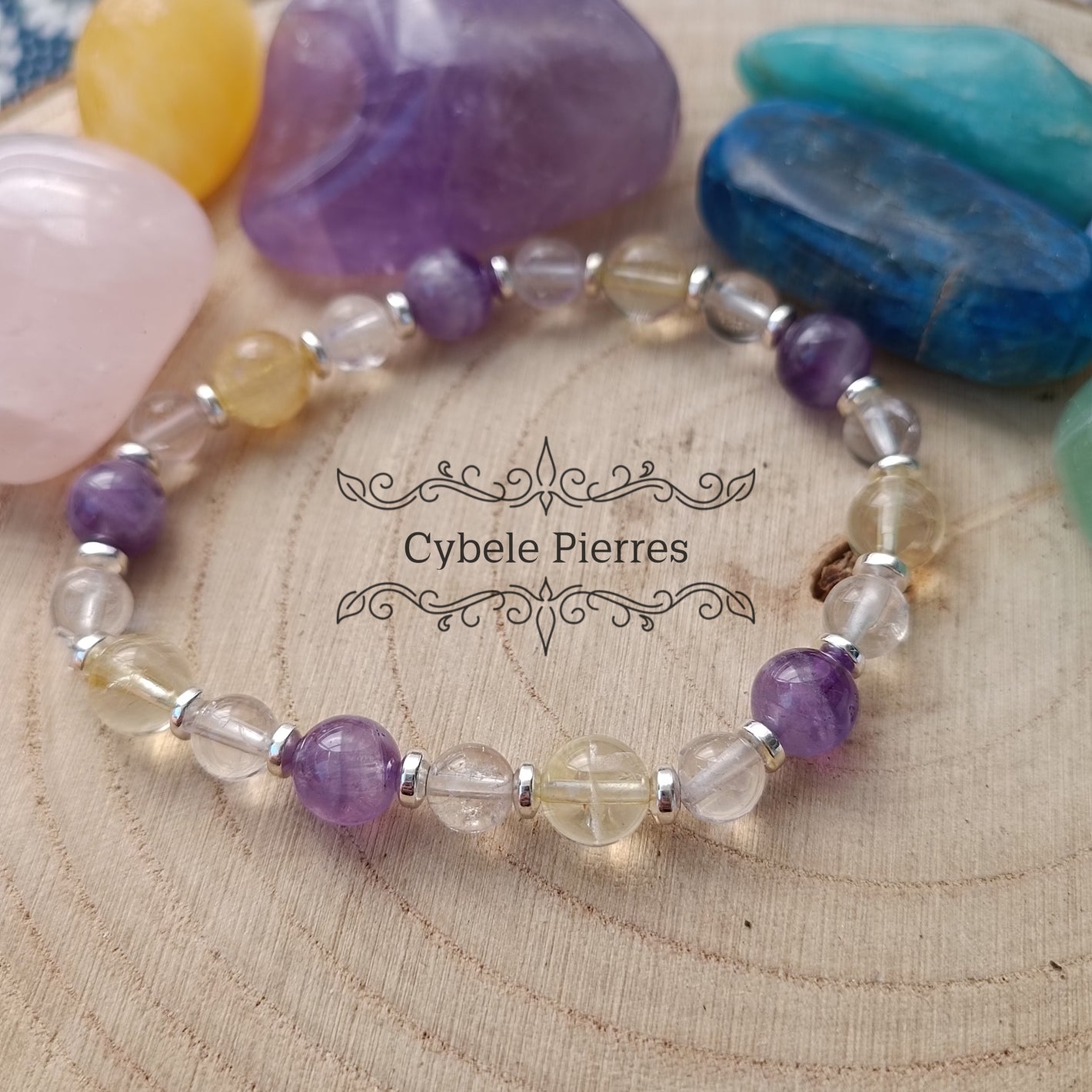 Bracelet Empathie - Citrine, Améthyste et Cristal de roche (6mm et 8mm) - 19cm