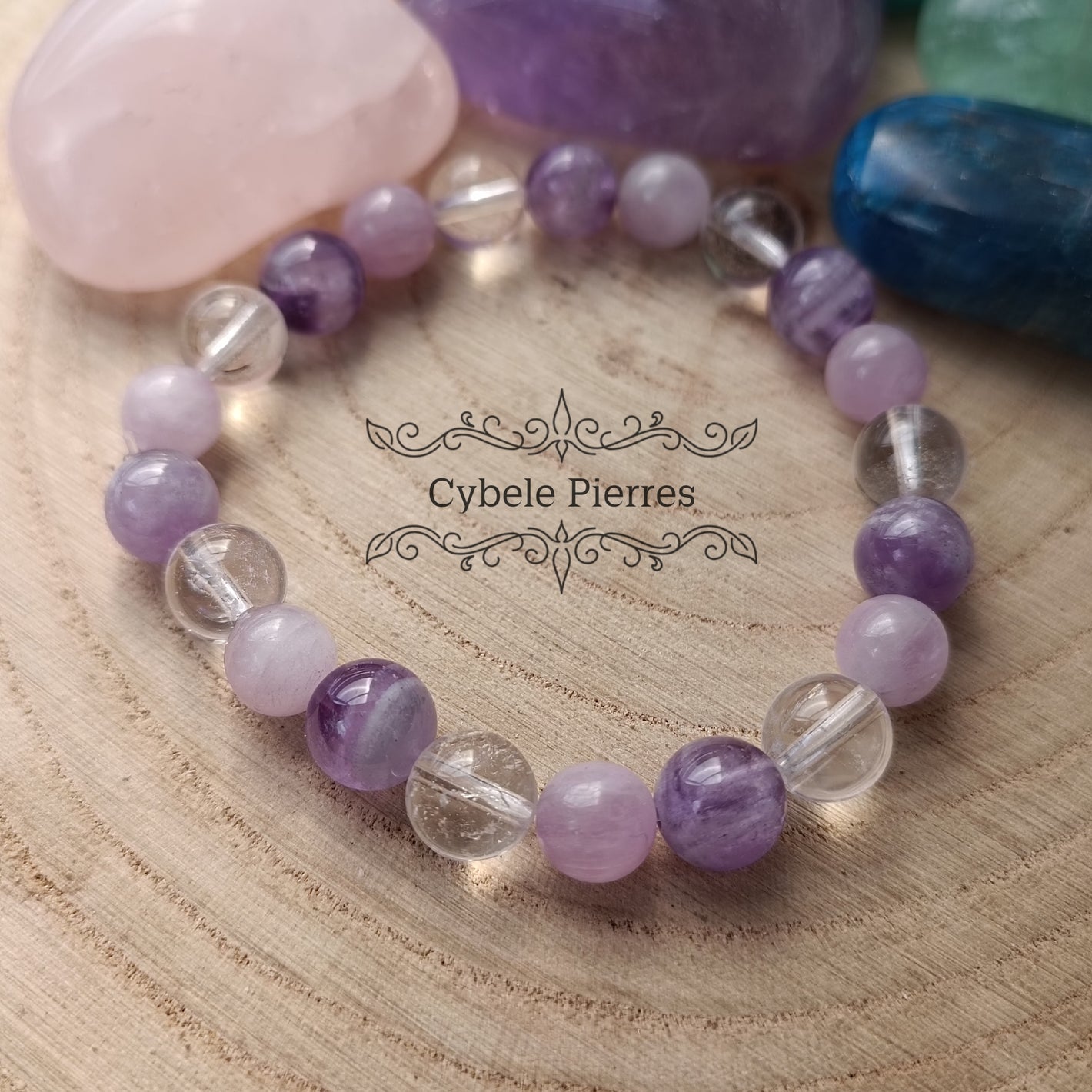 Bracelet Astérie- Kunzite, Cristal de roche et Améthyste (8mm) - 17cm