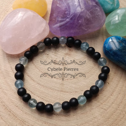 Bracelet Harmonie Parfaite -Fluorine bleue et Onyx mat (6mm) - 17cm