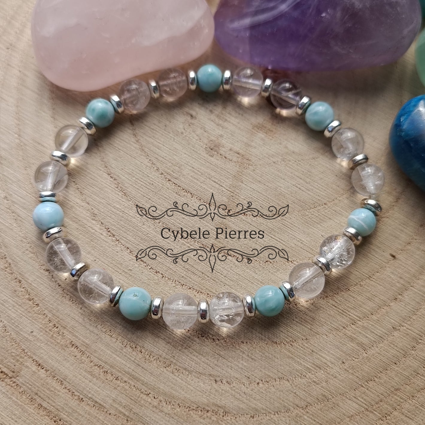 Bracelet Mer des Caraïbes- Larimar et Cristal de roche (6mm) - 17cm