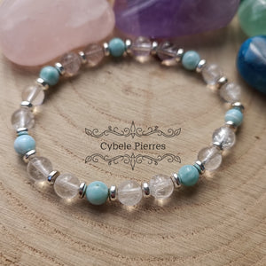 Bracelet Mer des Caraïbes- Larimar et Cristal de roche (6mm) - 17cm