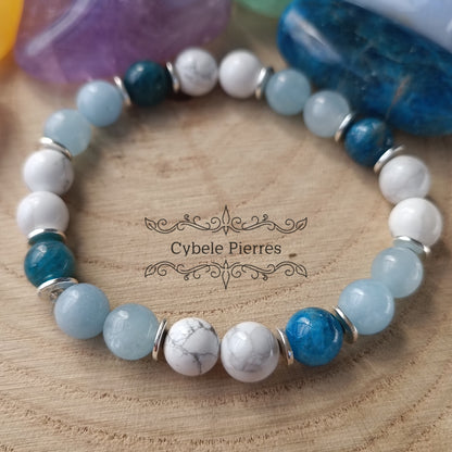 Bracelet Communication et Perception - Apatite, Aigue-marine & Howlite (8mm) - 18cm