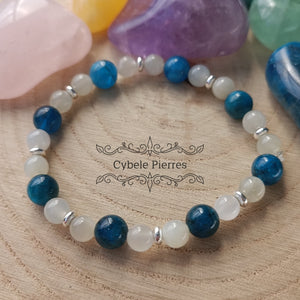 Bracelet Vague de réconfort- Pierre de lune blanche et Apatite bleue(6 et 8mm) -18cm