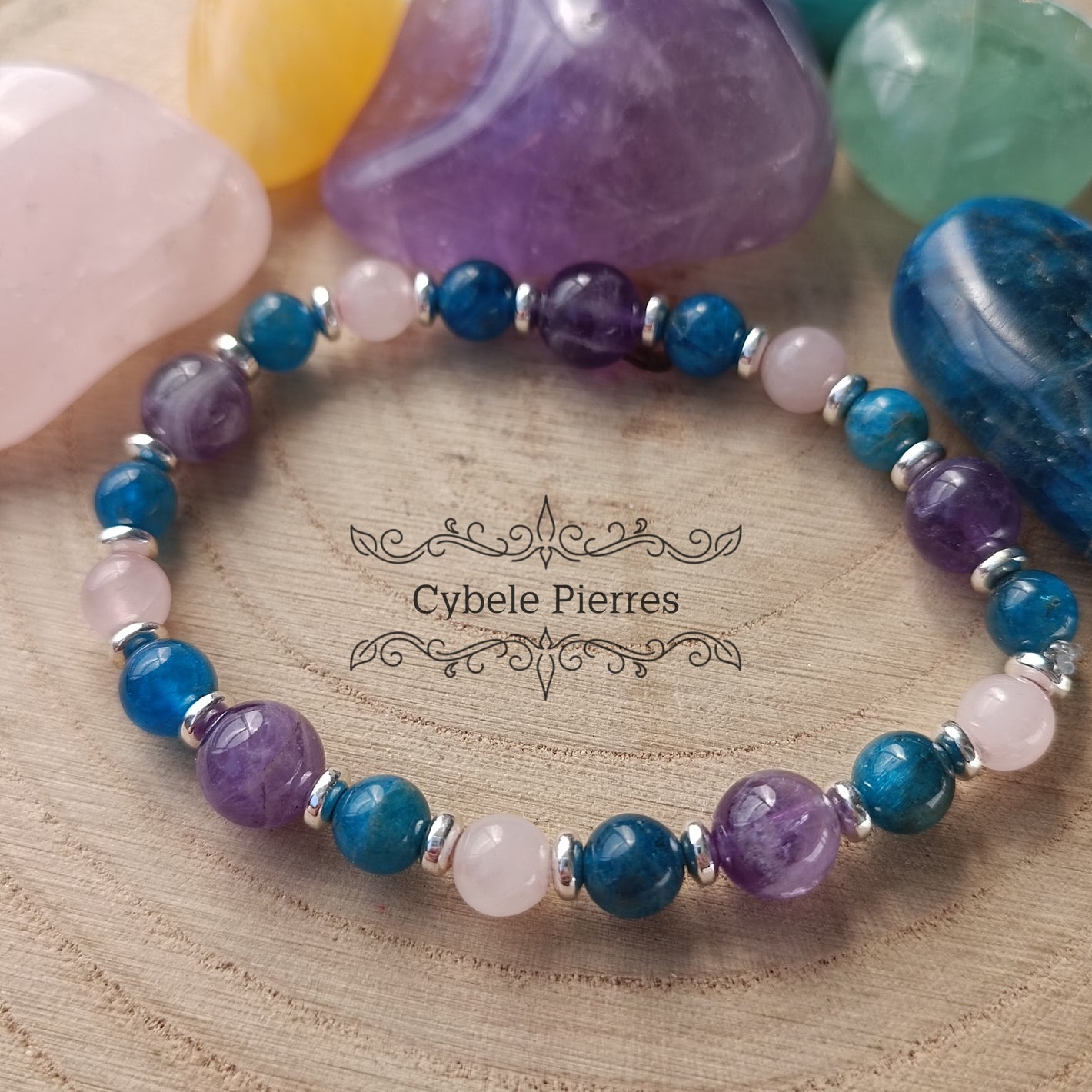 Bracelet Zen - Apatite bleue, Quartz rose et Améthyste (6mm et 8mm) - 17cm