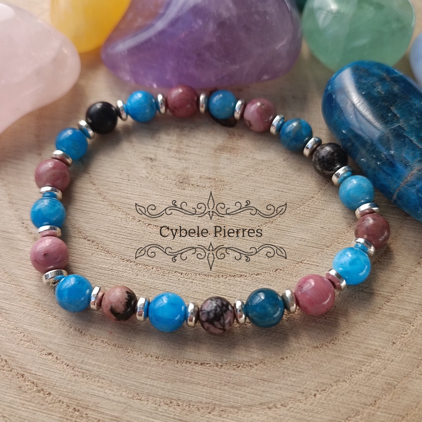 Bracelet Tendresse et Vérité - Apatite bleue et Rhodonite (6mm) - 17cm