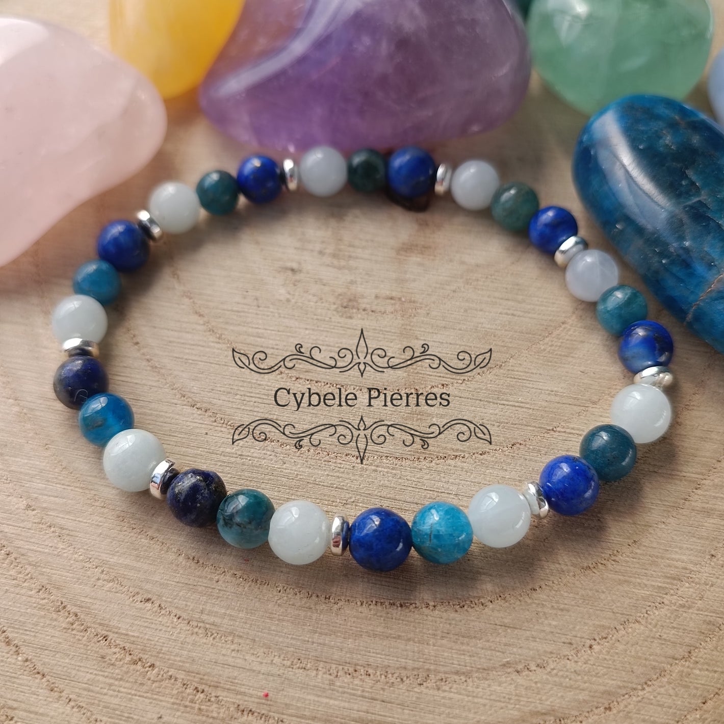 Bracelet Naïa- Aigue-marine, Lapis-Lazuli et Apatite (6mm) - 18cm