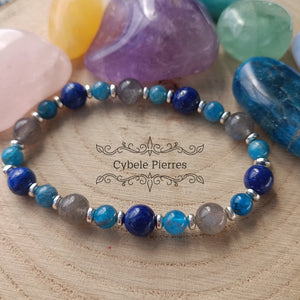 Bracelet Souverain - Labradorite, Lapis-Lazuli et Apatite bleue (8mm et 6mm) - 18cm