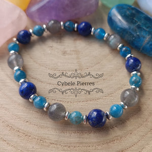 Bracelet Souverain - Labradorite, Lapis-Lazuli et Apatite bleue (8mm et 6mm) - 18cm