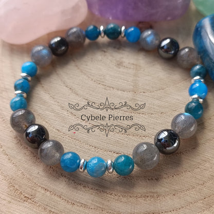 Bracelet Communication et Volonté - Apatite bleue, Hématite et Labradorite (6 et 8mm) - 18cm