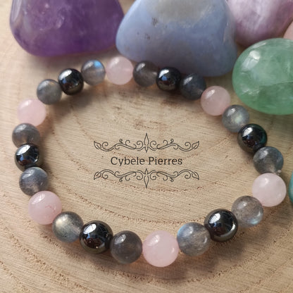 Bracelet Magie - Labradorite  et Quartz rose  (8mm) - 19cm